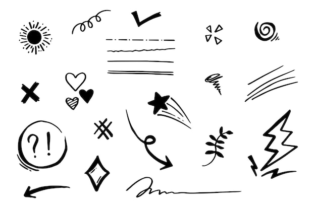 Doodle conjunto de vectores ilustración con vector de estilo de arte de línea de dibujo a mano. Corona, rey, sol, flecha, corazón, amor, estrella, remolino, swoops, énfasis, para el diseño conceptual