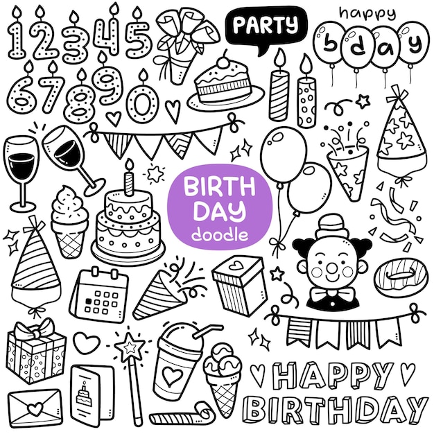 Doodle conjunto de vectores de objetos y elementos de la fiesta de cumpleaños, como el regalo de la vela del payaso de la torta, etc.