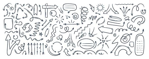 Doodle contorno boceto flecha y formas abstractas colección dibujado a mano simple con pincel o pluma