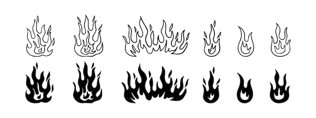 Doodle contorno de fuego conjunto vectorial varias ilustraciones de llamas de fuego ilustración vectorial aislada