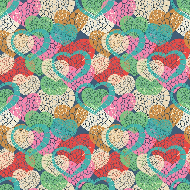 Doodle corazón abstracto colorido de patrones sin fisuras. Fondo romántico dibujado a mano.