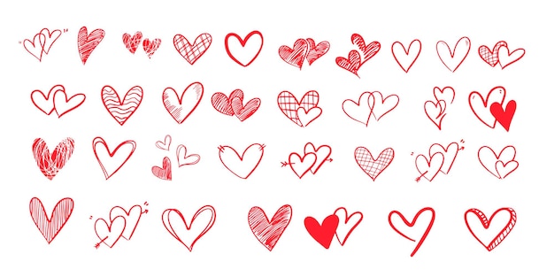 Doodle de corazón para el día de San Valentín Bosquejo de corazón rojo icono símbolo gráfico conjunto Vector de elemento de corazón dibujado a mano