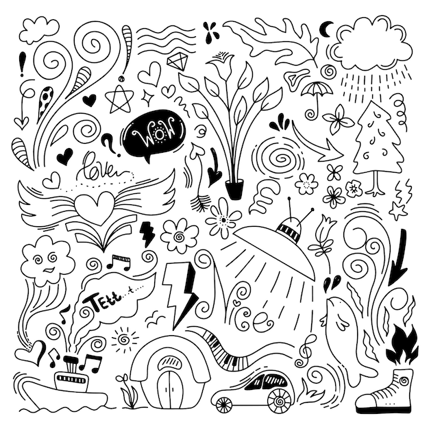 Doodle corazón flecha estrella chispa decoración símbolo conjunto icono estilo de dibujo sencillo énfasis