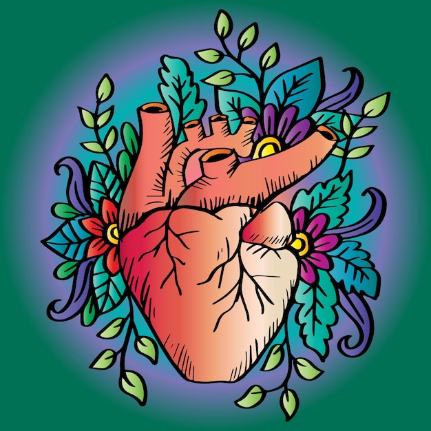 Doodle corazón humano con decoración floral.