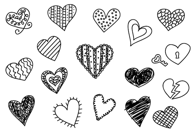 Doodle corazón iconos conjunto dibujado a mano vetor ilustraciones