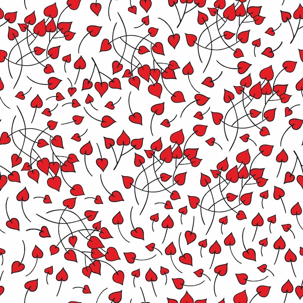 Doodle corazones de rama dibujados a mano patrón sin costuras fondo blanco día de san valentín rojo y negro