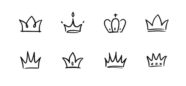 Doodle corona conjunto dibujado a mano doodle princesa corona reina tiara línea boceto elemento real reina rey dibujado a mano elemento de diseño simple aislado