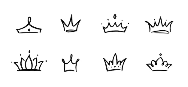 Doodle corona conjunto dibujado a mano Doodle princesa corona reina tiara Línea boceto elemento real Reina rey dibujado a mano elemento de diseño simple Aislado