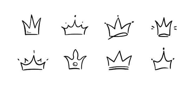 Doodle corona conjunto dibujado a mano doodle princesa corona reina tiara línea boceto elemento real reina rey dibujado a mano elemento de diseño simple aislado