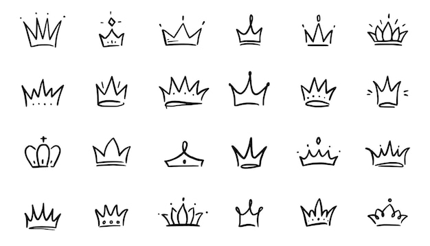 Doodle corona conjunto dibujado a mano Doodle princesa corona reina tiara Línea boceto elemento real Reina rey dibujado a mano elemento de diseño simple Aislado