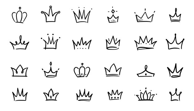 Doodle corona conjunto dibujado a mano Doodle princesa corona reina tiara Línea boceto elemento real Reina rey dibujado a mano elemento de diseño simple Aislado