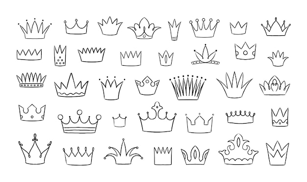 Doodle corona dibujo a mano rey y reina línea logotipo boceto arte callejero graffiti príncipe tocado heráldica imperial signos coronación real diademas monarca joyas vectores símbolos de princesas conjunto aislado
