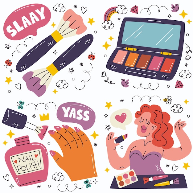 Vector doodle cosméticos y colección de pegatinas de maquillaje.