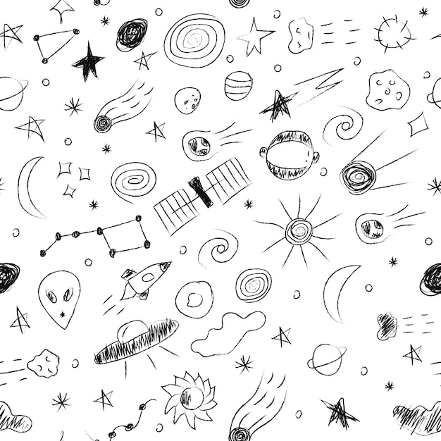 Doodle cósmico de patrones sin fisuras en estilo infantil elementos espaciales abstractos dibujados a mano blanco y negro