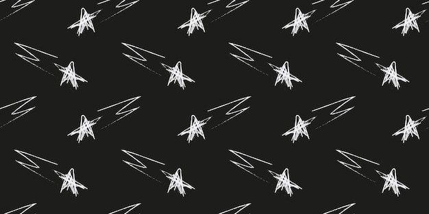 Doodle cósmico de patrones sin fisuras en estilo infantil Estrellas fugaces abstractas dibujadas a mano Blanco y negro