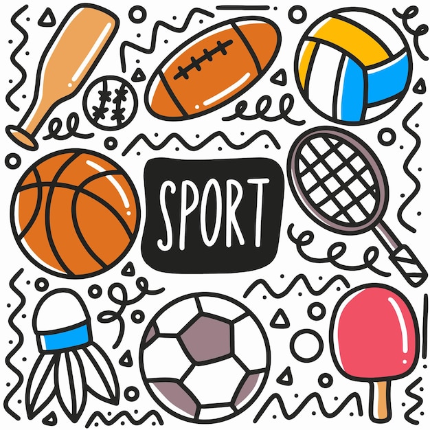 Doodle de deporte dibujado a mano con iconos y elementos de diseño