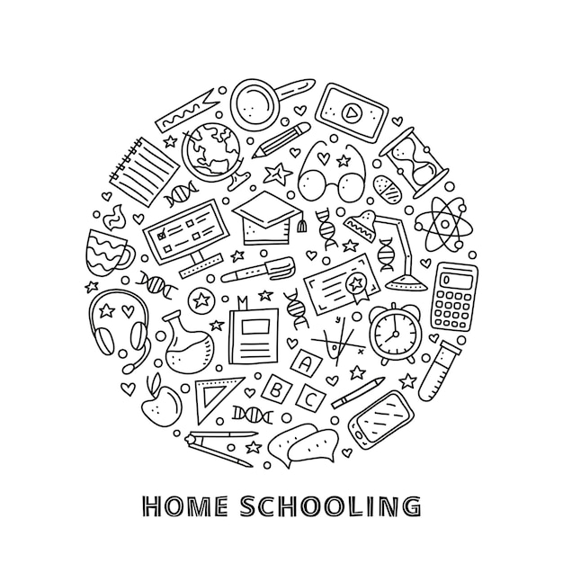 Doodle describe los iconos de aprendizaje electrónico en círculo