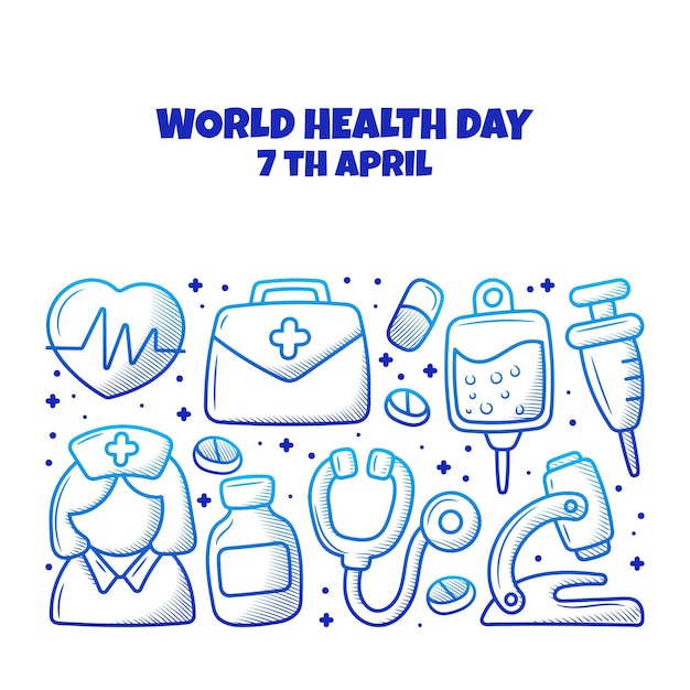 Vector doodle del día mundial de la salud con ilustración de esquema de elemento médico