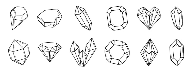 Doodle diamante y cristales doodle conjunto de iconos dibujados a mano dibujo de líneas de contorno colección de símbolos clipart
