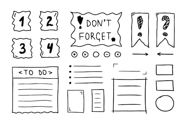Doodle diario de balas negras elementos dibujados a mano números nombres de meses y días de la semana pegatinas