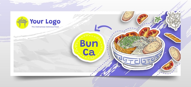 Doodle dibujado a mano Bun Ca como fondo de encabezado de redes sociales de comida vietnamita