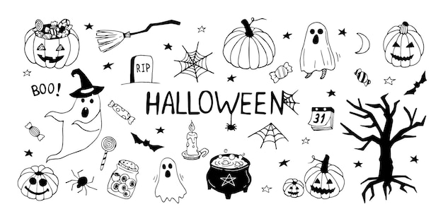 Doodle dibujado a mano conjunto de halloween Vector lindo y divertido espíritus fantasmas calabazas y dulces Esquema