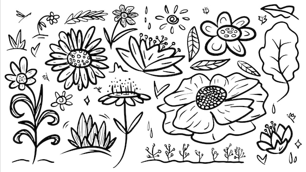 Vector doodle dibujado a mano contorno floral vector icono conjunto ilustración plantilla colección para colorear libro