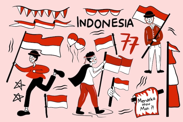 doodle dibujado a mano del día de la independencia de indonesia