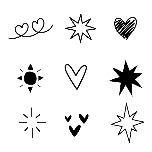 Doodle dibujado a mano Elemento de la estrella Brilla el corazón y la música Negro y blanco