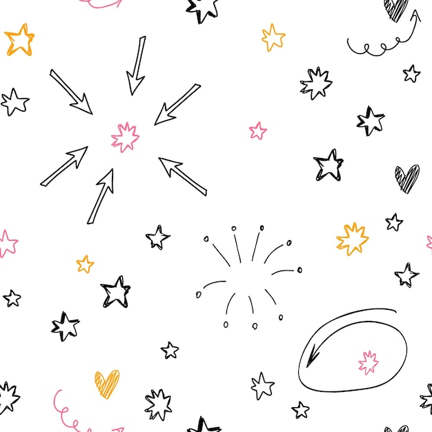 Doodle dibujado a mano con estrellas amarillas, rosas, negras, patrón blanco abstracto sin costuras. vector lindo