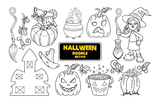 Doodle dibujado a mano de Halloween Lindo juego de sellos digitales de Halloween