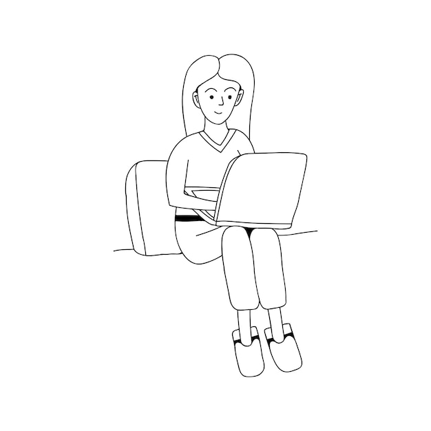 Doodle dibujado mano lindo vector, mujer con laptop. Quédese en casa, trabaje en casa. Lanza libre. Estudió en línea. Poner en cuarentena a las personas positivas del doodle. Aislado sobre fondo blanco.