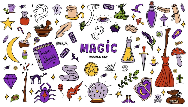 Doodle dibujado a mano mágico establecer iconos vectoriales de colección de artículos mágicos elementos de halloween escoba mágica po