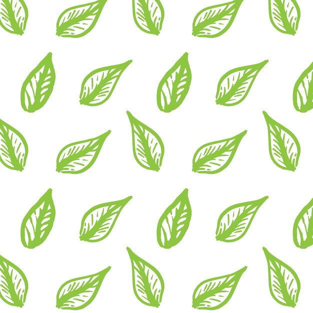Doodle dibujado a mano de patrones sin fisuras con hojas verdes aisladas sobre fondo blanco Dibujo texturizado grunge simple Diseño de papel tapiz natural botánico Plantilla de impresión de tela Fondo de temporada de verano