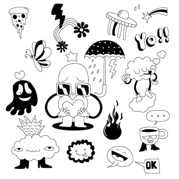 Doodle dibujado a mano con personajes divertidos y elementos caprichosos