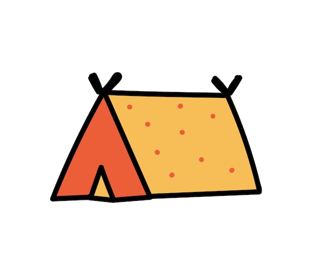 Vector doodle dibujado a mano senderismo tienda de campaña simple naranja y amarilla