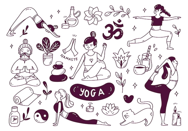 Vector doodle de dibujos animados de mujer haciendo yoga en varias poses