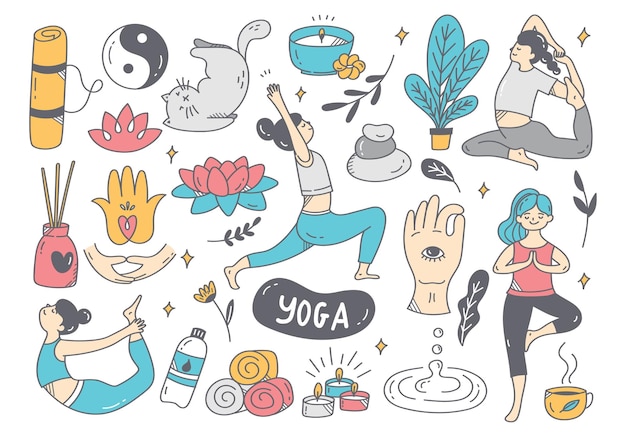 Doodle de dibujos animados de mujer haciendo yoga en varias poses