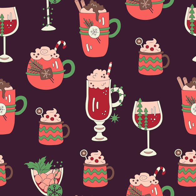 Doodle de dibujos animados de patrones sin fisuras de bebidas de Navidad