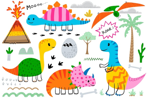 Doodle dinosaurios dibujado a mano ilustración vectorial con sus elementos