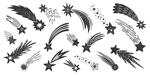 Vector doodle disparando estrellas espaciales con un conjunto de vectores de senderos