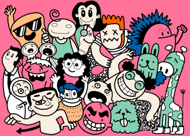Doodle divertido conjunto de personas. Dibujado a mano ilustración.