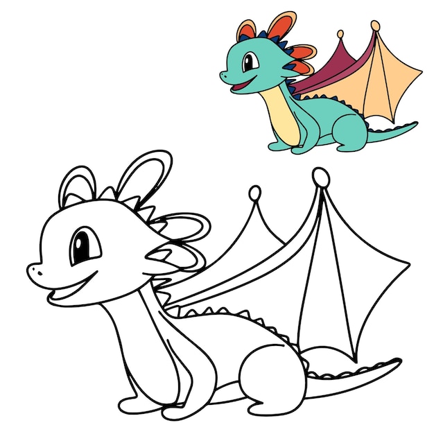 Doodle del dragón Página para colorear del pequeño dragón Libro para colorear del dragón para la educación de los niños Vector