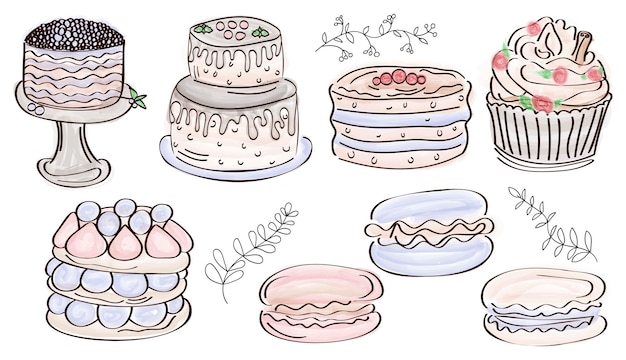 Vector doodle dulces dibujos animados acuarela tortas y pasteles