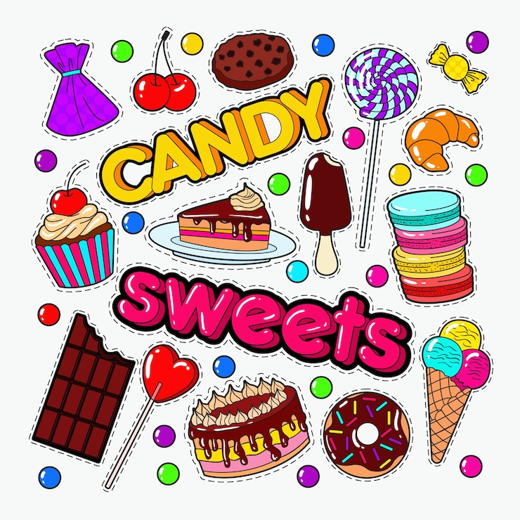 Vector doodle de dulces y dulces con chocolate y helado
