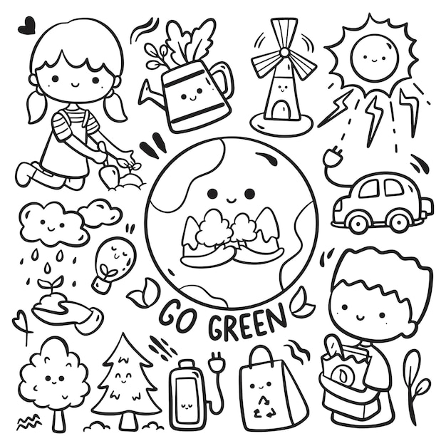 Doodle de ecología de dibujos animados dibujados a mano, Salvemos nuestro planeta, Go Green Environmental Concept