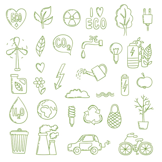 Doodle ecológico. Concepto de energía verde colección de imágenes medio ambiente limpio ahorrar aire bio co2 crecimiento de la planta. Eco reciclar, guardar ilustración de energía verde