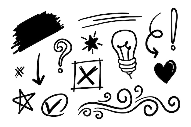 Doodle elemento vector conjunto flecha remolino cepillo estrella y etc para el diseño de concepto