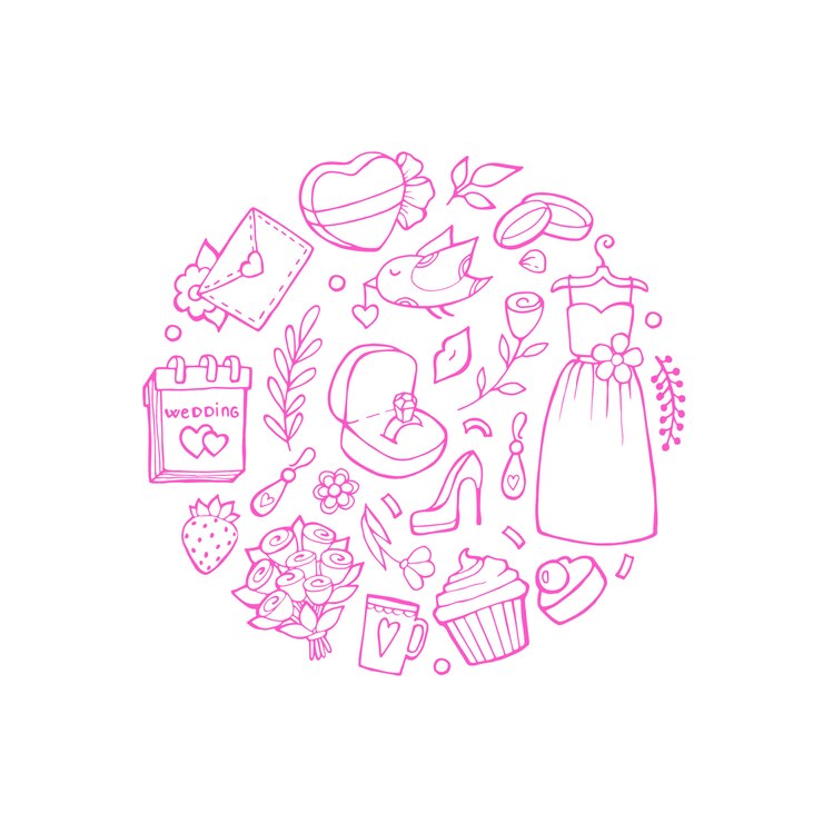 Vector doodle elementos de boda en forma de círculo ilustración