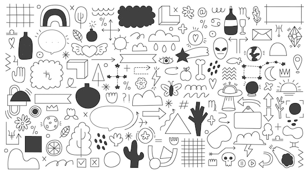 Doodle elementos de contorno aislados en blanco